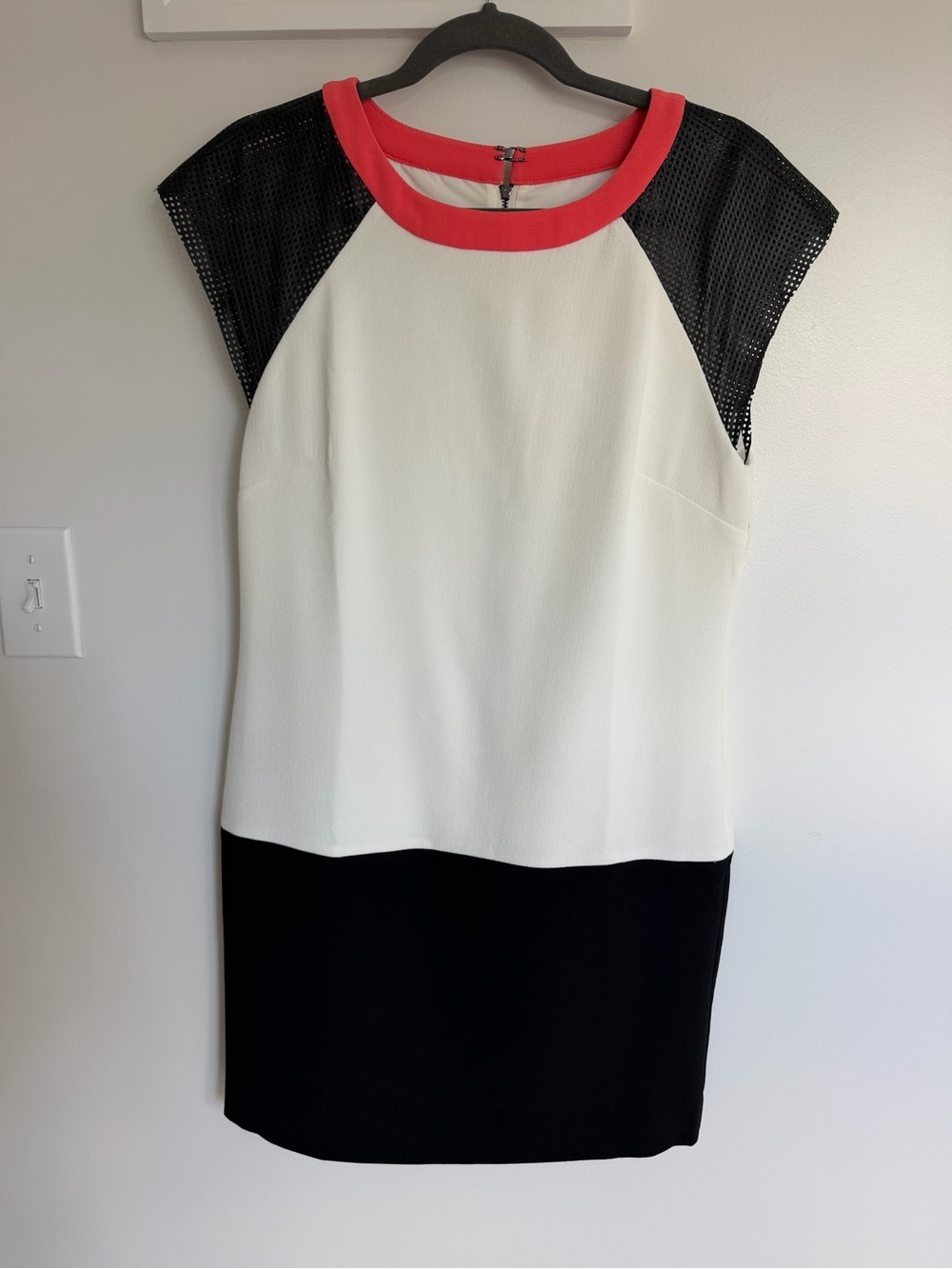 Trina Turk Colorblock Shift Dress with Coral Trim and Leather Perforated Sleeves